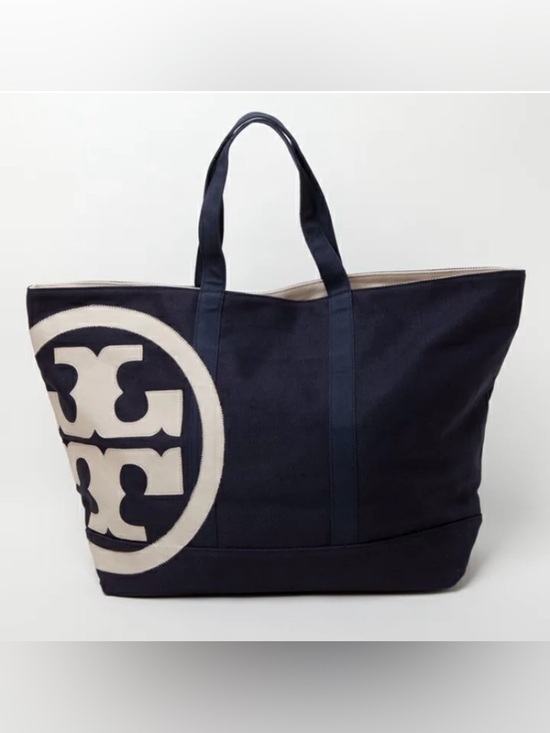 Tory Burch Handbags - Tory Burch Navy Canvas Tote with White Logo Accent beach tote bag 21X15X7